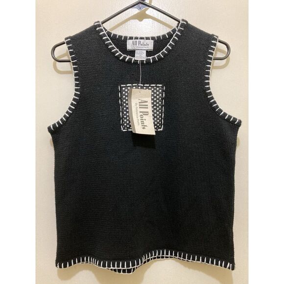Reference Point Sweaters - All Points Reference Point Women M Sweater Vest Daisy Flower Embroidery Black